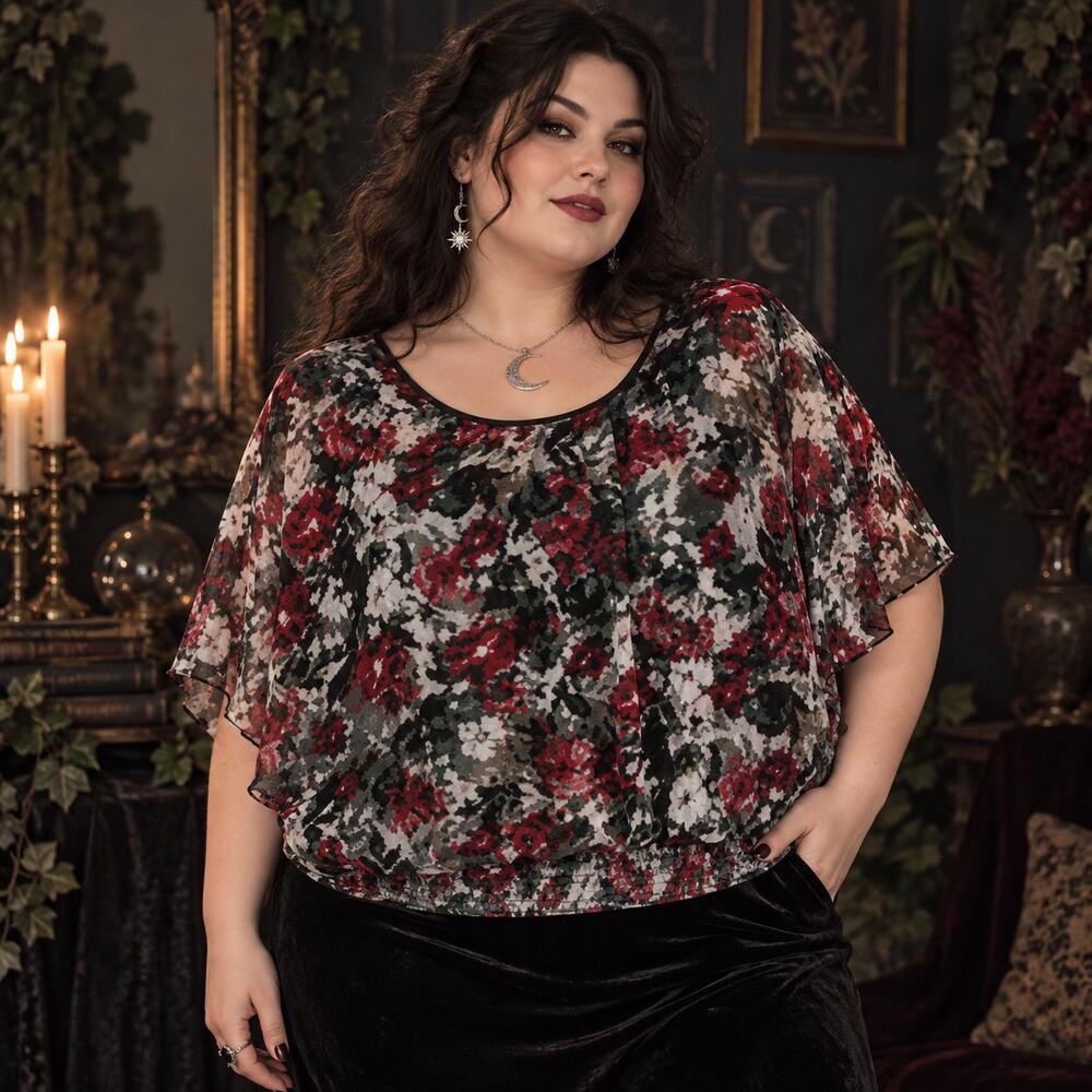 Alyx Floral Chiffon Top Sz 3XL Whimsigoth Smocked Dolman Sleeve Dark Romantic
